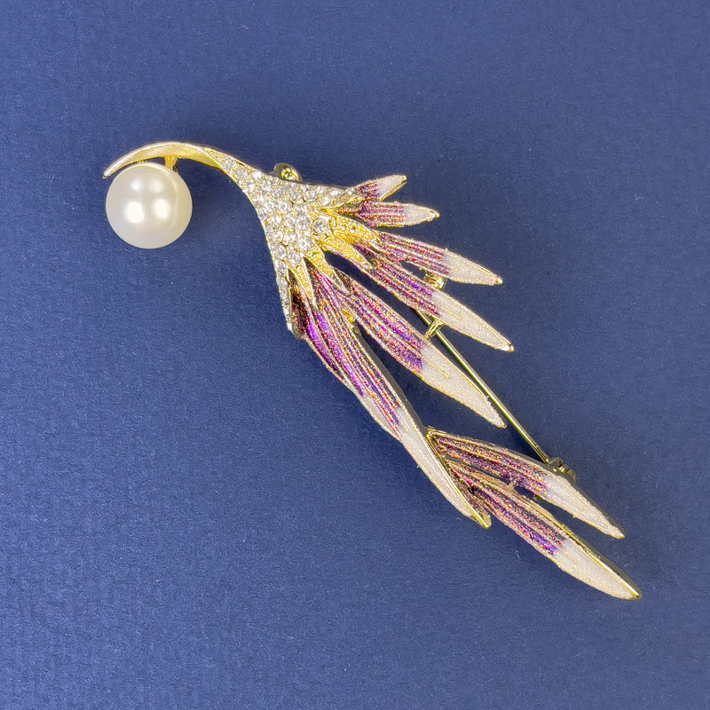 Brooch Branch with Pearl and White Rhinestones Gold-Toned Metal 74x24mm+
