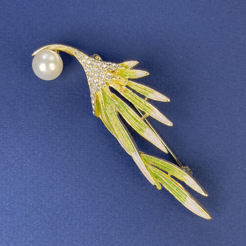 Brooch Branch with Pearl and White Rhinestones in Golden Metal 74x24mm+