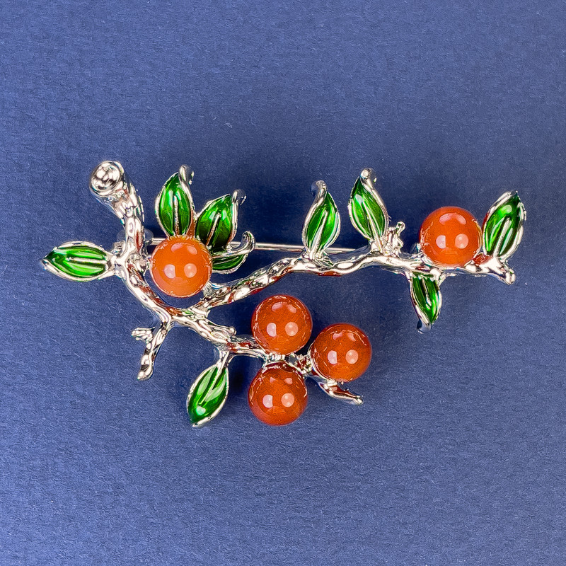 Brooch "Branches" with Carnelian, silverized metal 48x32mm+