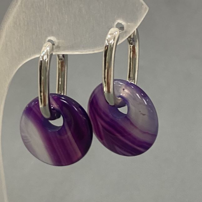 Agate Purple Hoop Earrings, 18mm diameter ±, 30mm length ±