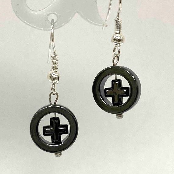 Earrings, Hematite "Cross in a Circle", diameter 12mm ±, length 33mm ±
