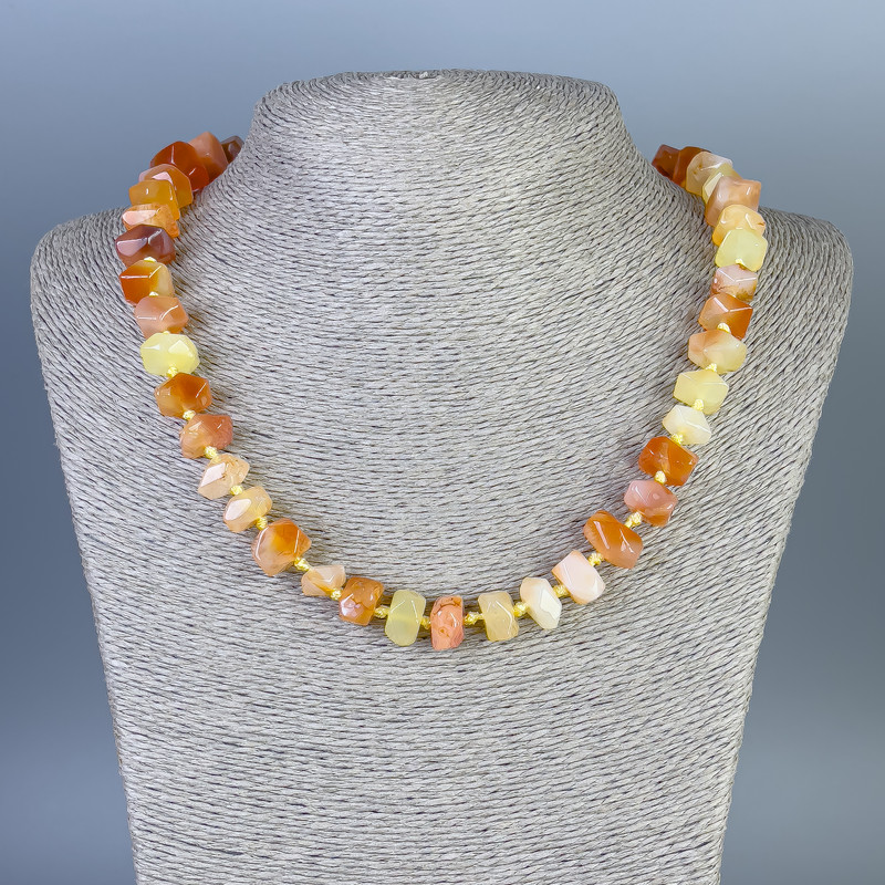 Botswana Agate Necklace Orange Natural Stone Beads, Garnet-shaped Rondelle, 11x7.5 mm±, Length 50 cm± with Clasps