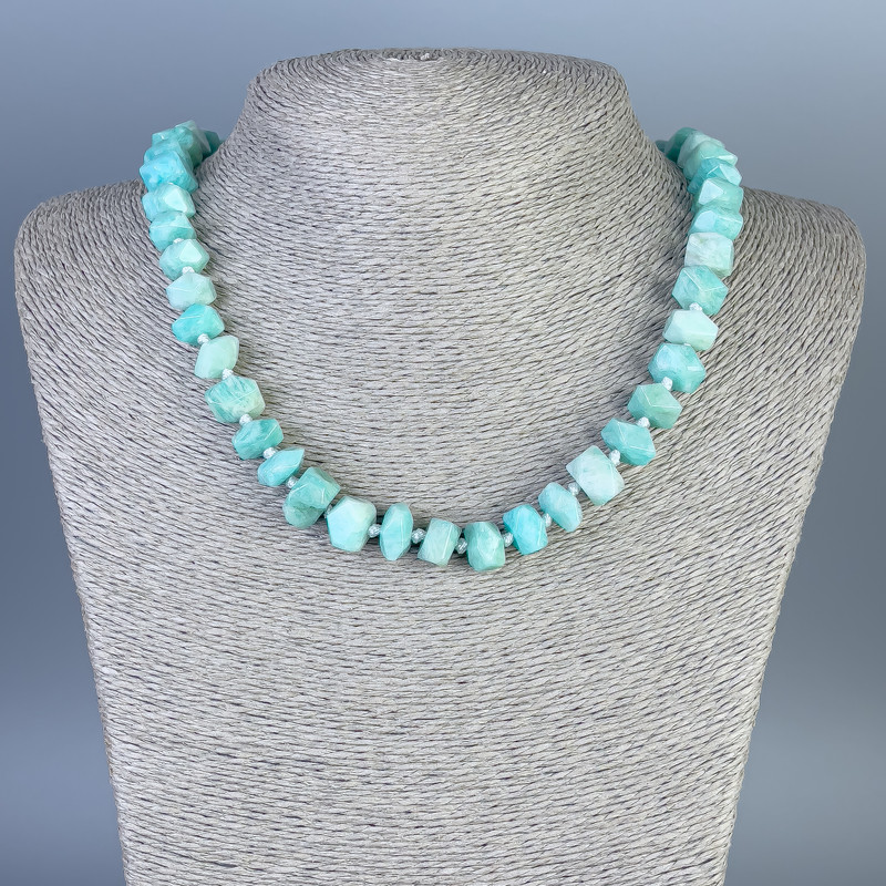 Amazonite Beaded Necklace with Faceted Beads, 11x7-10mm, length 45cm± with clasp