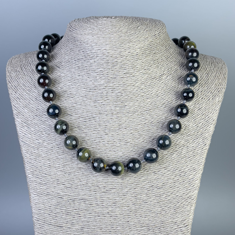 Necklace Hawk's Eye Smooth Bead, 12mm diameter +/-, length 50cm +/- with clasp