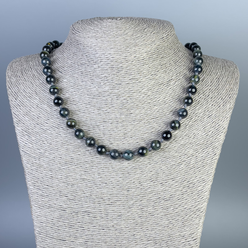Necklace Hawk's Eye smooth bead, diameter 8mm±, length 50cm± with clasp