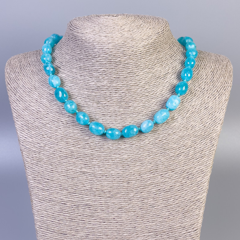 Aquamarine Bead Necklace, faceted, 12x9 mm, length 45 cm, with clasp