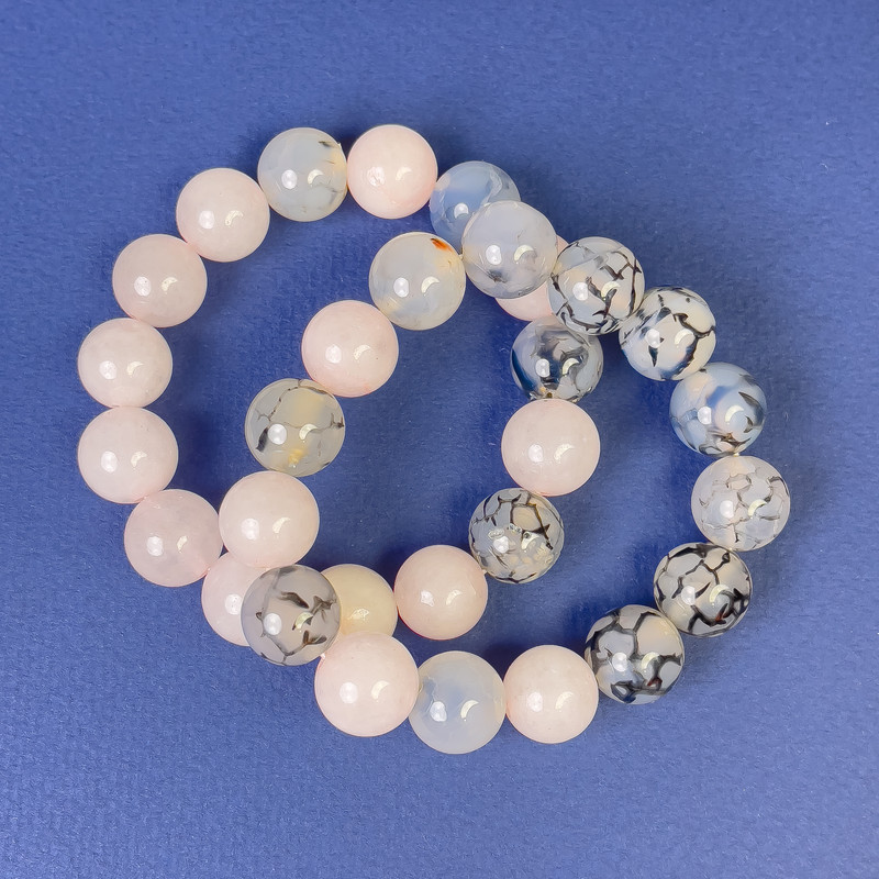 Set of Bracelets Pink Quartz and Dragon Vein Agate Smooth Bead, diameter 12mm±, length 18cm± stretch