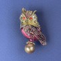 Brooch Owl with pink and red rhinestones and pearl on golden metal 43x21mm+