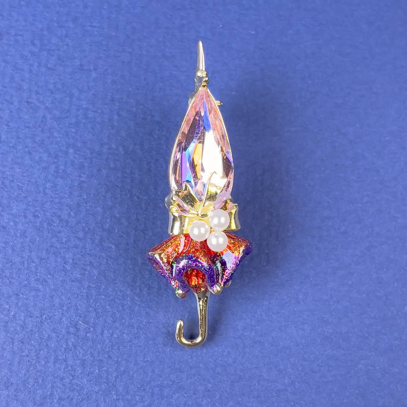 Brooch "Umbrella" with Pink Crystal and Pearls 46×16mm± Gold-Toned Metal