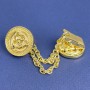 Brooch for cardigans in golden metal, diameter 20mm± chain length 9cm+
