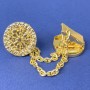 Brooch for cardigans in golden metal, diameter 20mm±, chain length about 9cm+