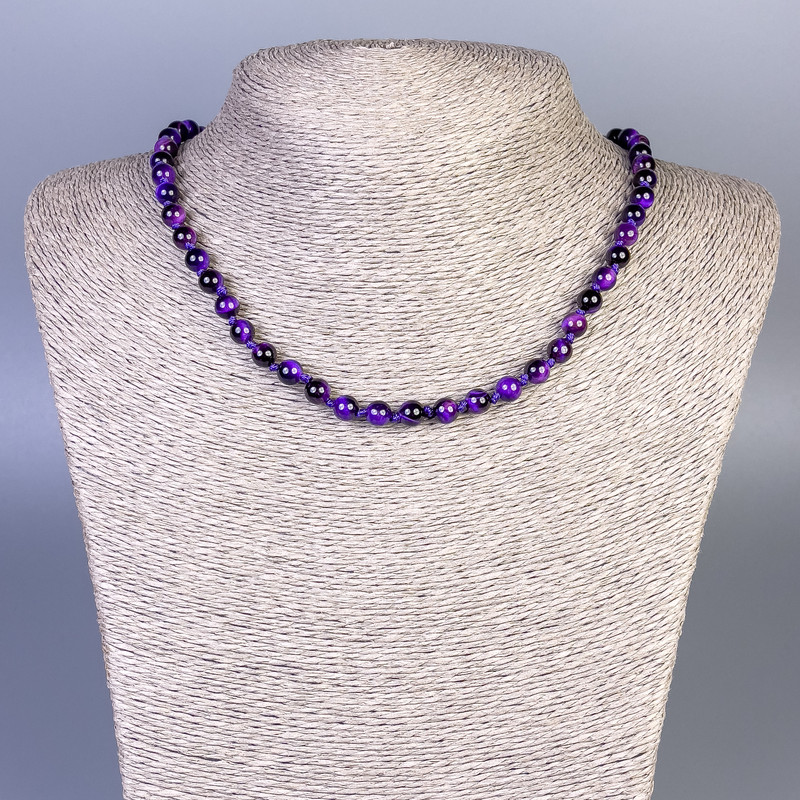 Purple Cat's Eye Bead Necklace, smooth round beads, 6mm diameter ±, length 50cm ± with clasp