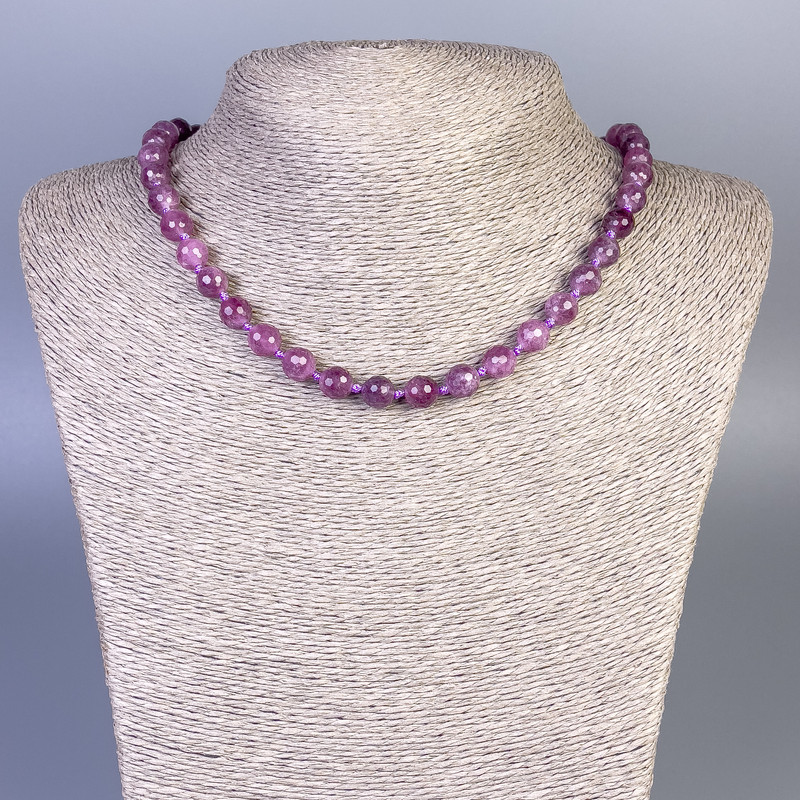 Turmaline Rubellite Bead Necklace, faceted round beads 8mm diameter, length 50cm± with clasp