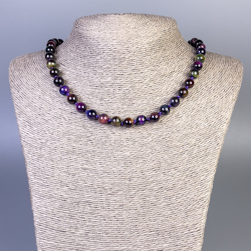 Cat's Eye Beaded Necklace with Multicolor Smooth Round Beads, diameter 8mm±, length 50cm± with clasp