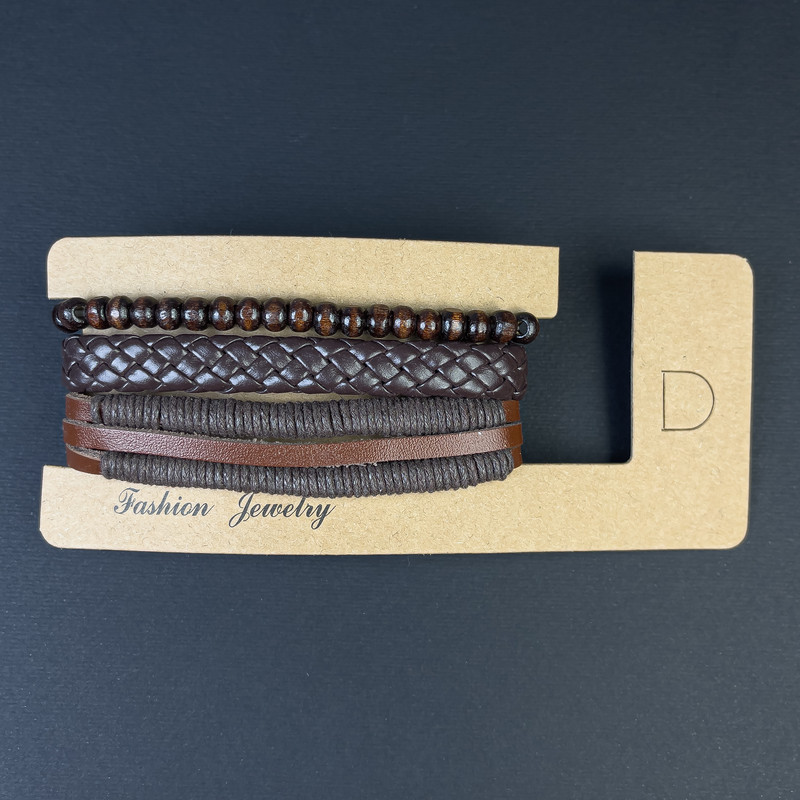 Triple Eco Leather Bracelet brown with pull closure, length 18-24 cm±, 6 mm beads, length 18 stretch