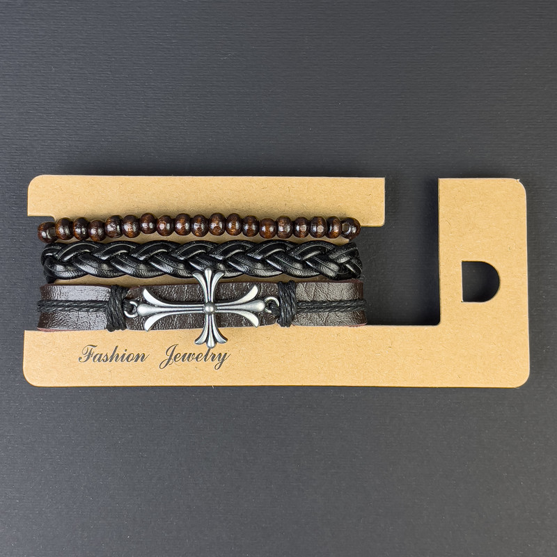Triple Eco Leather Bracelet with Cross on Tie, length 18-24cm, brown and black