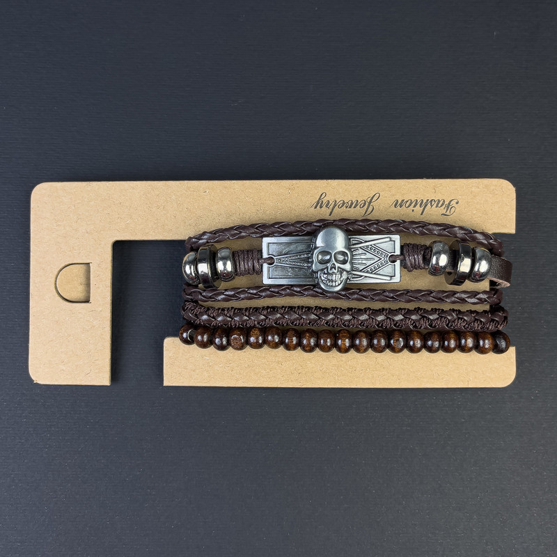 Triple Eco Leather Bracelet with Skull Accent on Drawstring, 18-24cm Brown