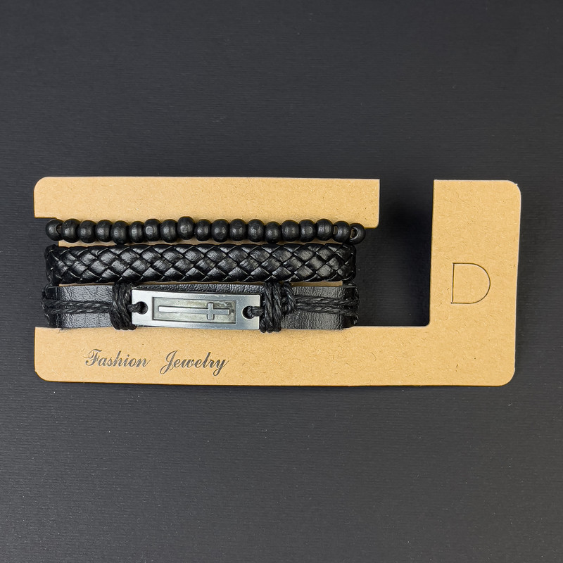 Triple-layer Eco Leather Bracelet with Cross on Tightening, length 18-24cm, black