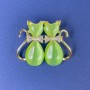 Brooch Cats with Green Cat's Eye Stone, White Crystals, Golden Metal, diameter 31x38mm +