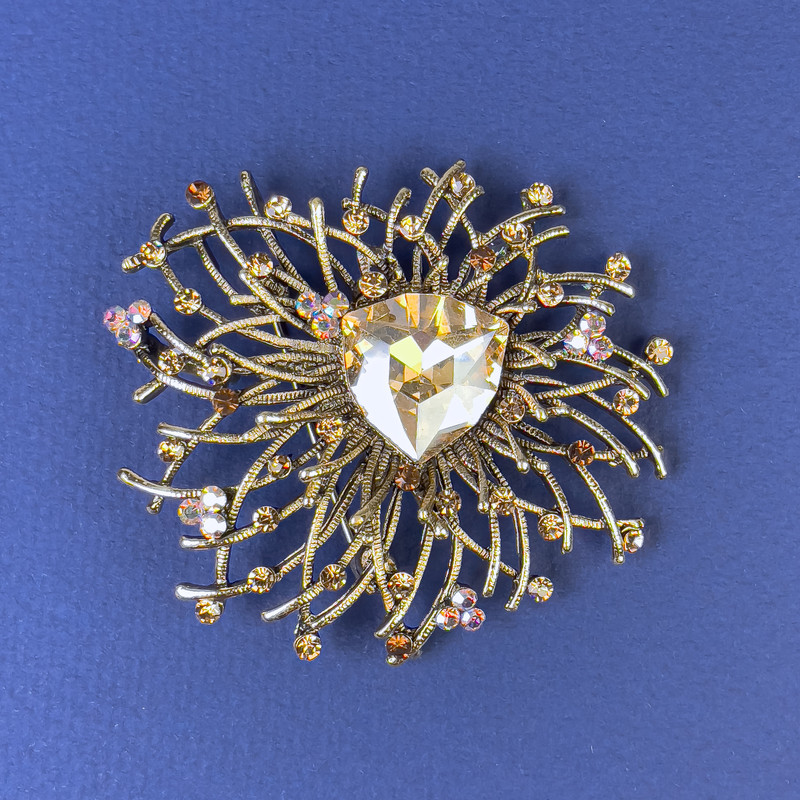 Sale! Accent Brooch with Yellow Rhinestones and Yellow Crystal, Bronze-Gold Tone Metal, 55 mm Diameter +