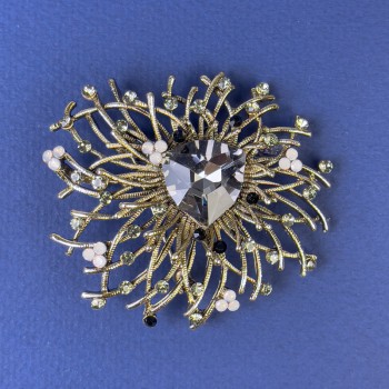 Accent Brooch with Gray Rhinestones and Gray Crystal, Bronze-Gold Metal, 55mm Diameter +