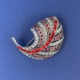Sale! Feather Brooch White and Red Rhinestones, Dark Silver Metal, 47x34 mm +