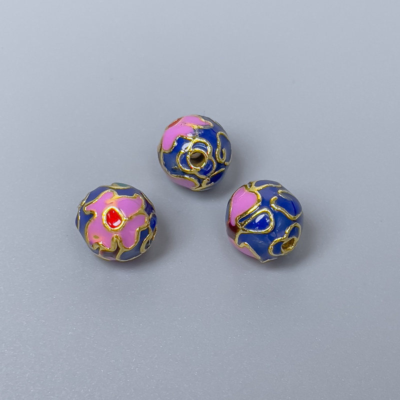 Cloisonné Bead Findings in Purple, Blue, and Green Enamel, 10mm± Diameter, 2mm Hole, Gold-Toned Metal, 1 pc