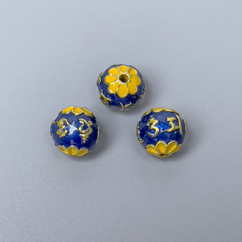 Cloisonné Bead blue-yellow enamel, 10mm diameter ±, hole 1.5mm, metal color gold-tone 1 pc