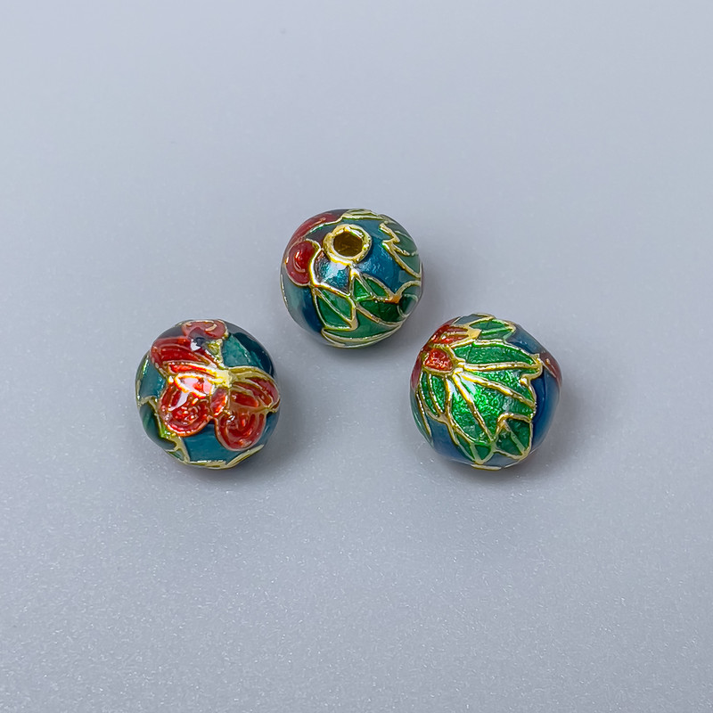 Cloisonné Bead Turquoise-Red-Green Enamel, Ø10×9mm± Hole Ø1.8mm, Gold-toned Metal, 1 pc