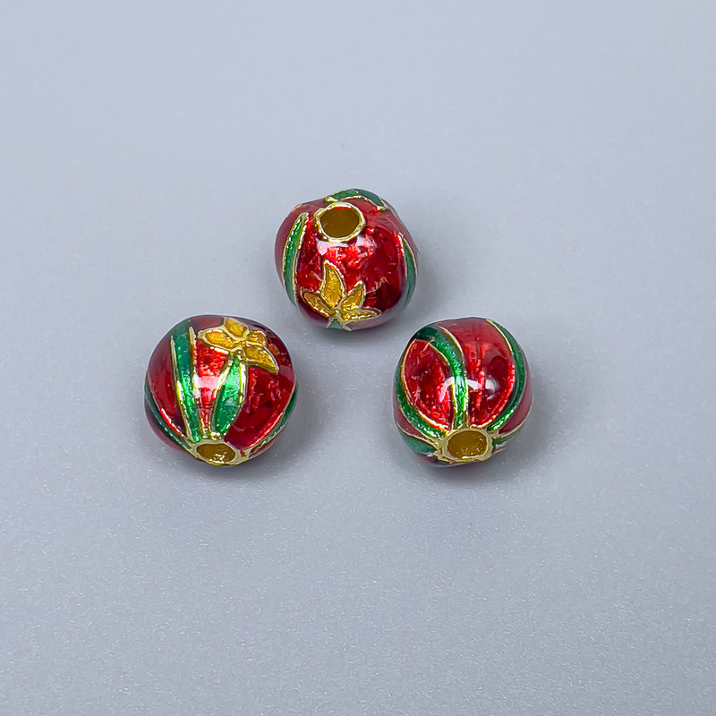 Cloisonné Bead red green yellow enamel, diameter 9x9.5 mm, hole about 2.1 mm, gold-tone metal color, 1 pc
