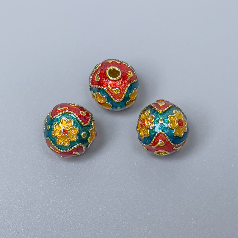 Cloisonné Bead Turquoise-Blue/Red/Yellow Enamel, 10mm± diameter, 2mm hole, gold-colored metal, 1 pc