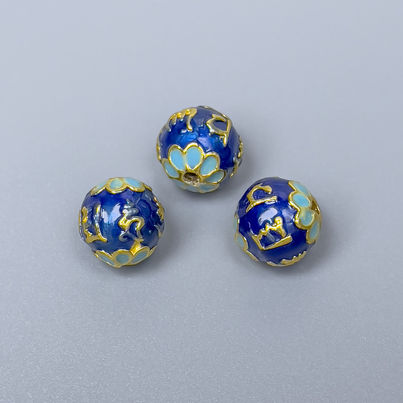 Cloisonné Bead, blue azure enamel, diameter 10mm±, hole diameter 1.5mm, golden metal color, 1 pc