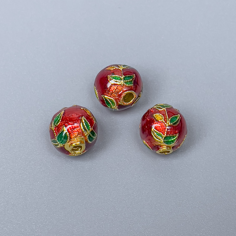 Cloisonné Bead - Cloisonné Bead Red & Green Enamel, diameter 9mm±, hole 2mm, metallic color gold, 1 pc