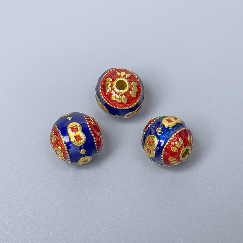 Cloisonné Bead with Blue and Red Enamel, 9mm± Hole, 1.5mm Gold-Tinish Metal Color, 1 pc