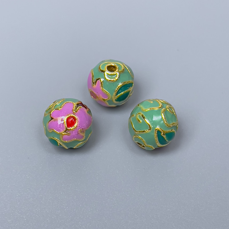 Cloisonné Bead Lavender-Purple and Light Green Enamel, 10mm ± hole 2mm, metallic gold color 1 pc
