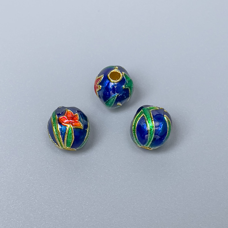 Cloisonné Bead with Enamel in Blue, Red, and Green, 9x9.5 mm, hole 2.1 mm, metal color: gold-plated, 1 pc