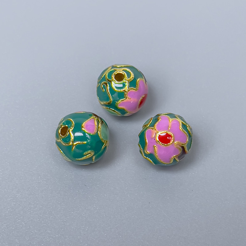 Cloisonné Bead Purple-Blue Green Enamel, 10mm diameter ± hole 2mm, metal color gold-tone, 1 pc