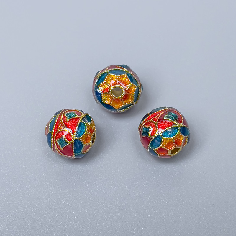 Cloisonné Bead Turquoise-Red Enamel, 10mm diameter ± hole 1.5mm, gold-tone metal, 1 pc