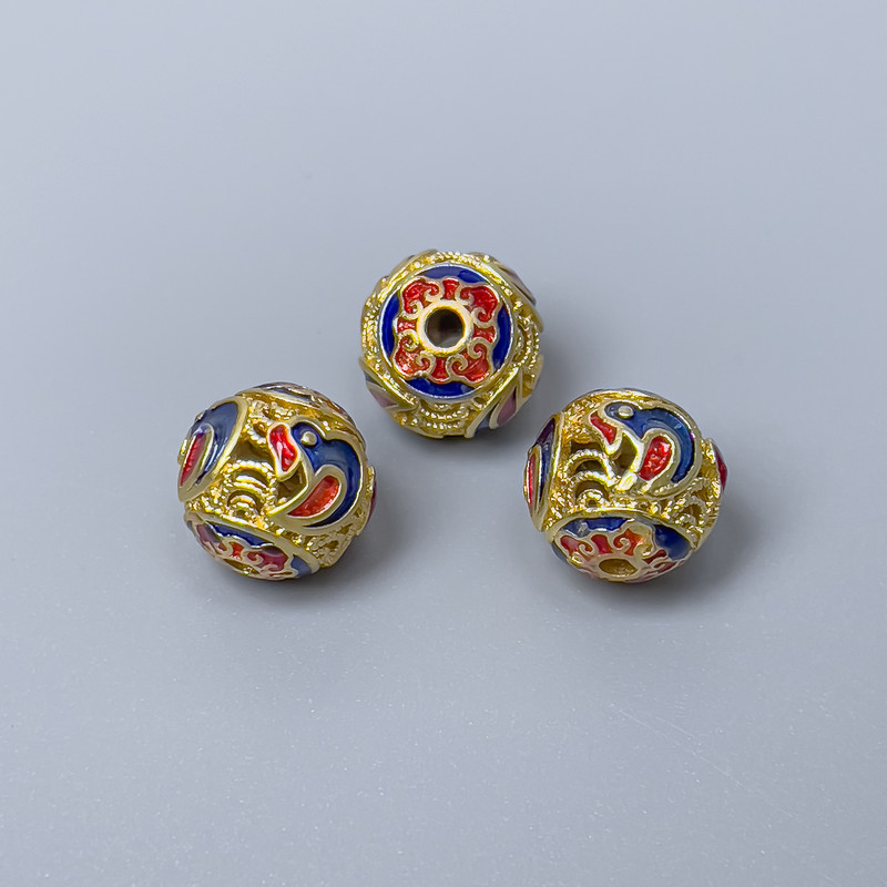 Cloisonné Bead blue red enamel, 10mm diameter ±, hole 1.8mm, golden metal color, 1 pc