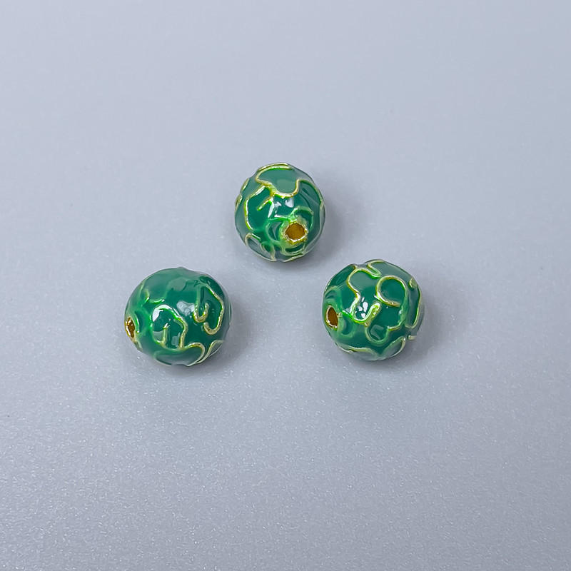 Cloisonné Bead with Green Enamel, 8mm diameter ± hole 1.5mm, metal color gold, 1 pc