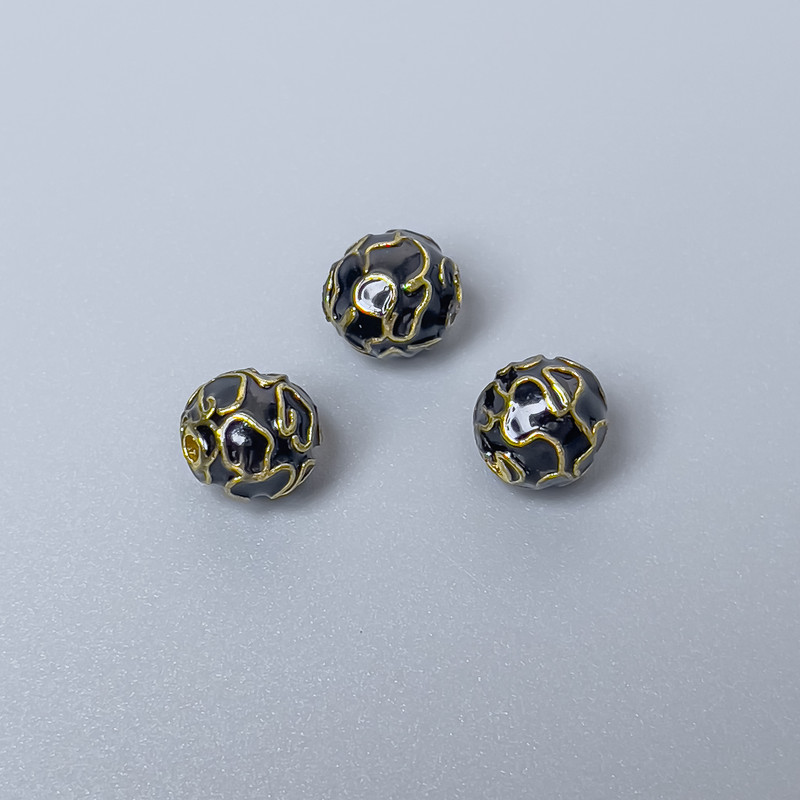 Cloisonné Bead with Black Enamel, 8mm± Diameter, Hole 1.5mm, Metal Color Gold Tone, 1 pc