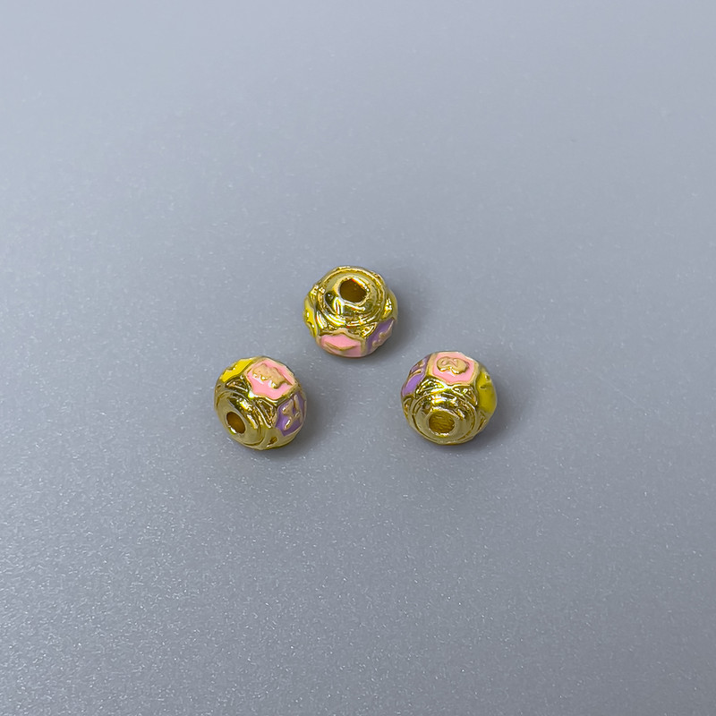 Cluny Cloisonné Bead Rondelle Pink Yellow Purple Enamel, 6x5 mm, hole 1 mm, gold-tone metal, 1 pc