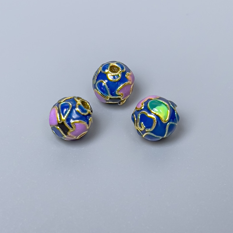 Cloisonné Bead blue-violet-green enamel, 8mm diameter ± hole 1.5mm, metal color gold-tone, 1 pc
