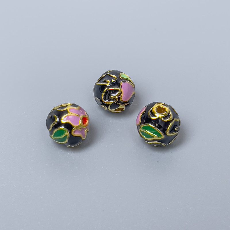 Cloisonné Bead in Black Purple Green Enamel, 8mm± diameter, 1.5mm hole, metal color Gold