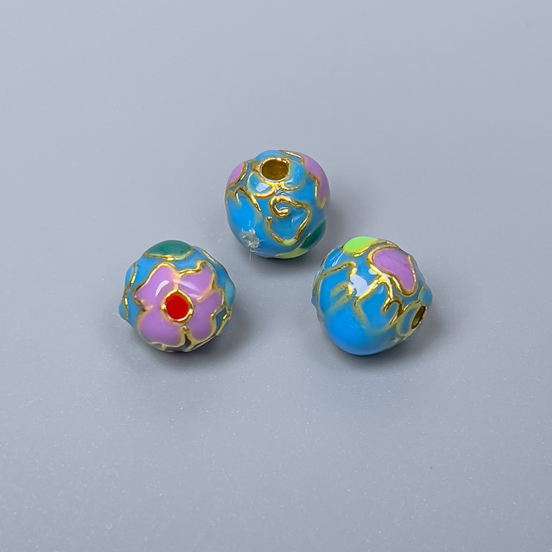 Cloisonné Bead Purple Blue Green Red Enamel, 8mm diameter, hole 1.5mm, gold-tone metal, 1 piece