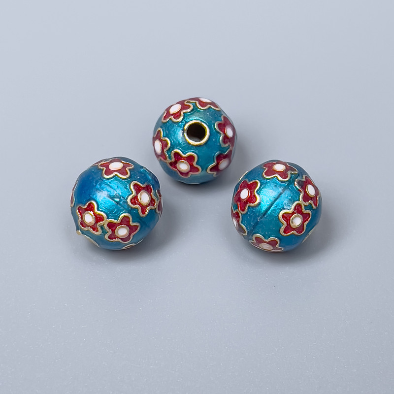 Cloisonné Bead Light Blue with Red Enamel, diameter 10mm±, hole diameter 2mm, gold-tone metal, 1 pc