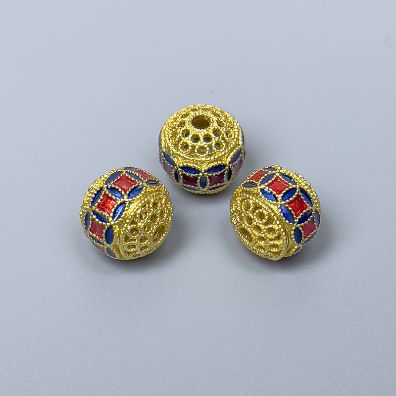 Clasp bead Cloisonné, red blue enamel, diameter 10mm±, hole diameter 2mm, metal color gold, 1 pc