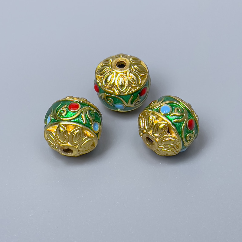 Cloisonné Bead green red blue enamel, 11mm± diameter, 1.8mm hole, gold-tone metal
