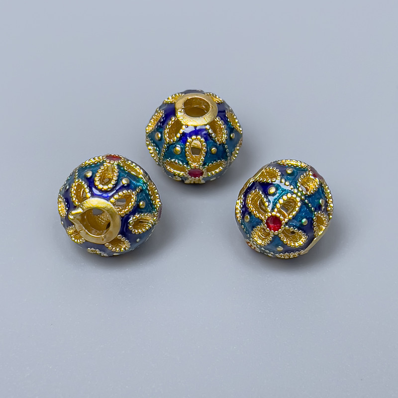 Cloisonné Bead "Pandora" blue turquoise red enamel, 11mm diameter ± hole 3mm, metal color gold, 1 piece