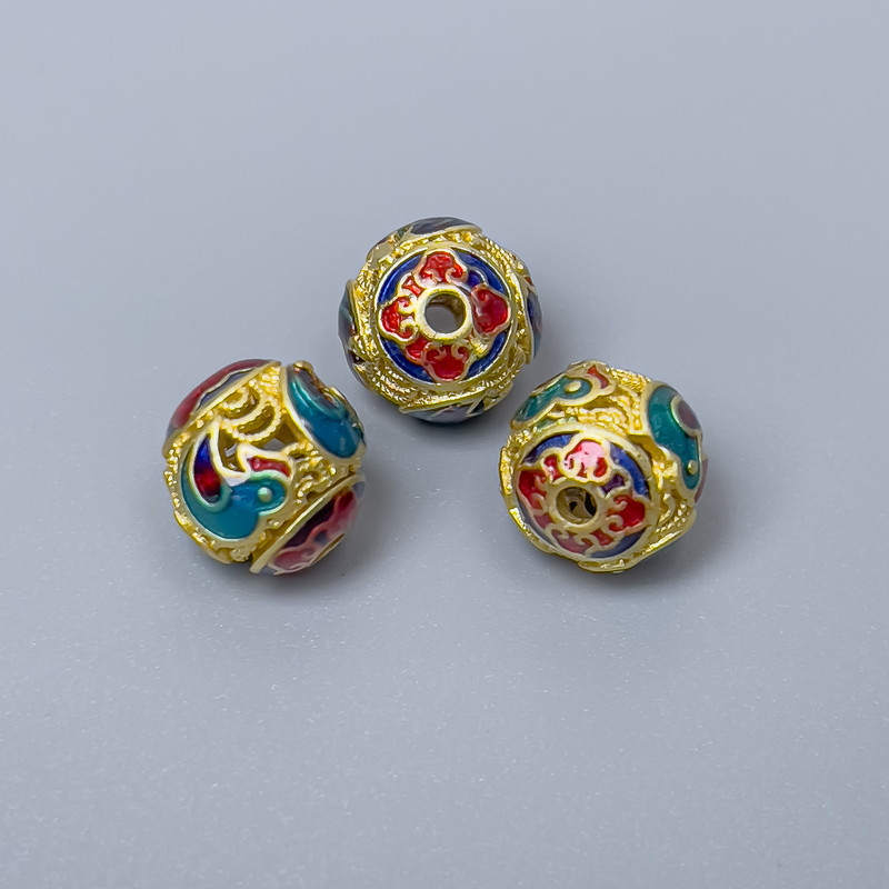 Cloisonné Bead Turquoise-Blue-Red-Blue Enamel, 10mm diameter ±, hole diameter 1.8mm, gold-tone metal, 1 pc